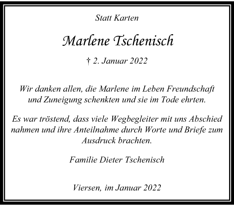  Traueranzeige für Marlene Tschenisch vom 30.01.2022 aus trauer.extra-tipp-moenchengladbach.de