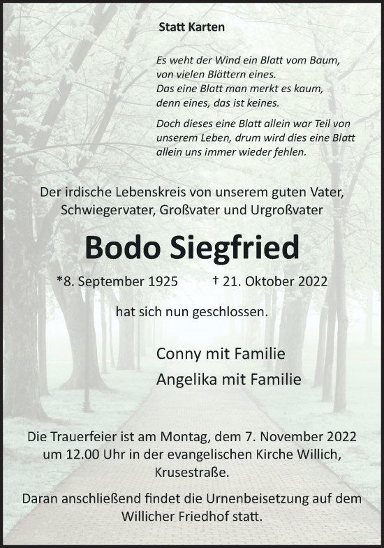 Traueranzeige von Bodo Siegfried von trauer.extra-tipp-moenchengladbach.de