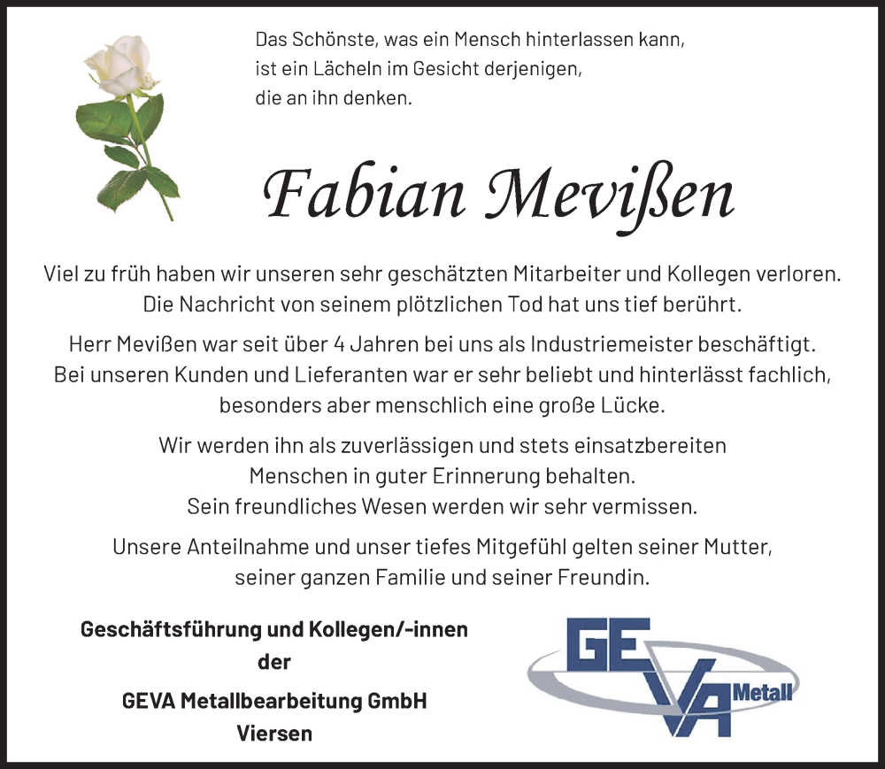  Traueranzeige für Fabian Mevißen vom 30.10.2022 aus trauer.extra-tipp-moenchengladbach.de