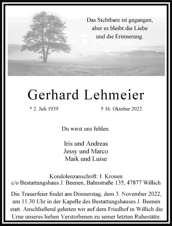 Traueranzeige von Gerhard Lehmeier von trauer.extra-tipp-moenchengladbach.de