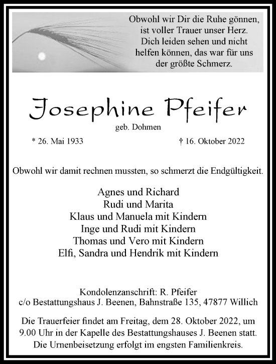 Traueranzeige von Josephine Pfeifer von trauer.extra-tipp-moenchengladbach.de