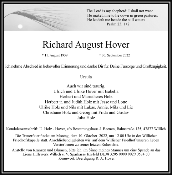 Traueranzeige von Richard August Hover von trauer.extra-tipp-moenchengladbach.de