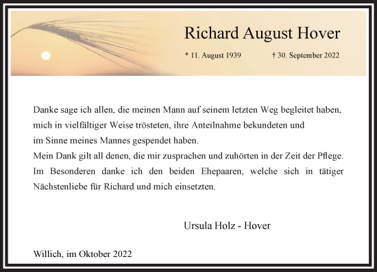 Traueranzeige von Richard August Hover von trauer.extra-tipp-moenchengladbach.de