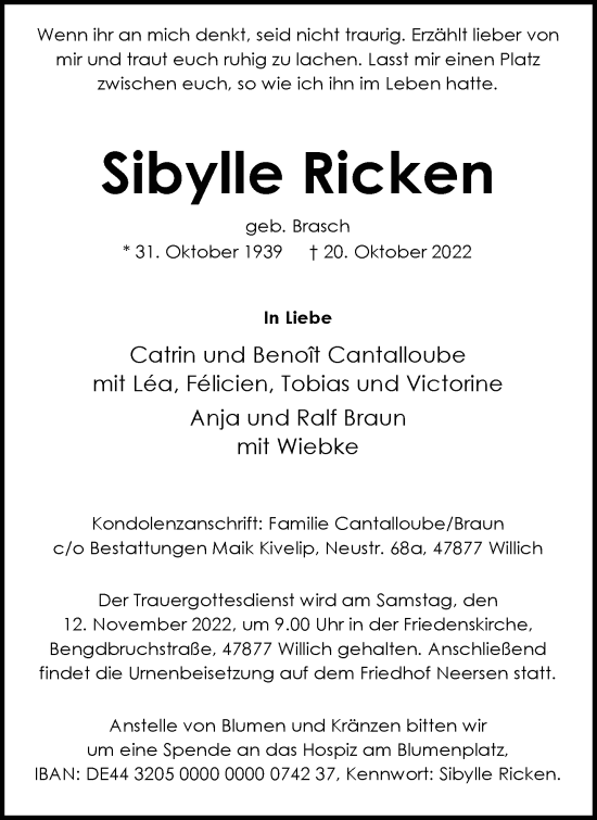 Traueranzeige von Sibylle Ricken von trauer.extra-tipp-moenchengladbach.de