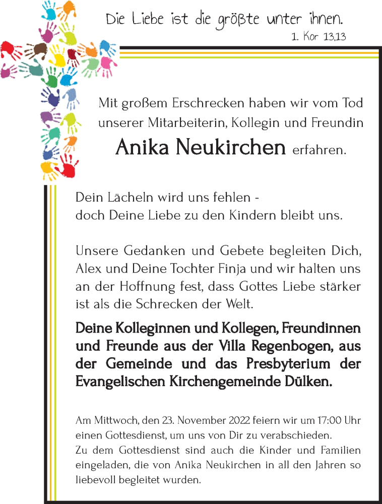  Traueranzeige für Anika Neukirchen vom 20.11.2022 aus trauer.extra-tipp-moenchengladbach.de