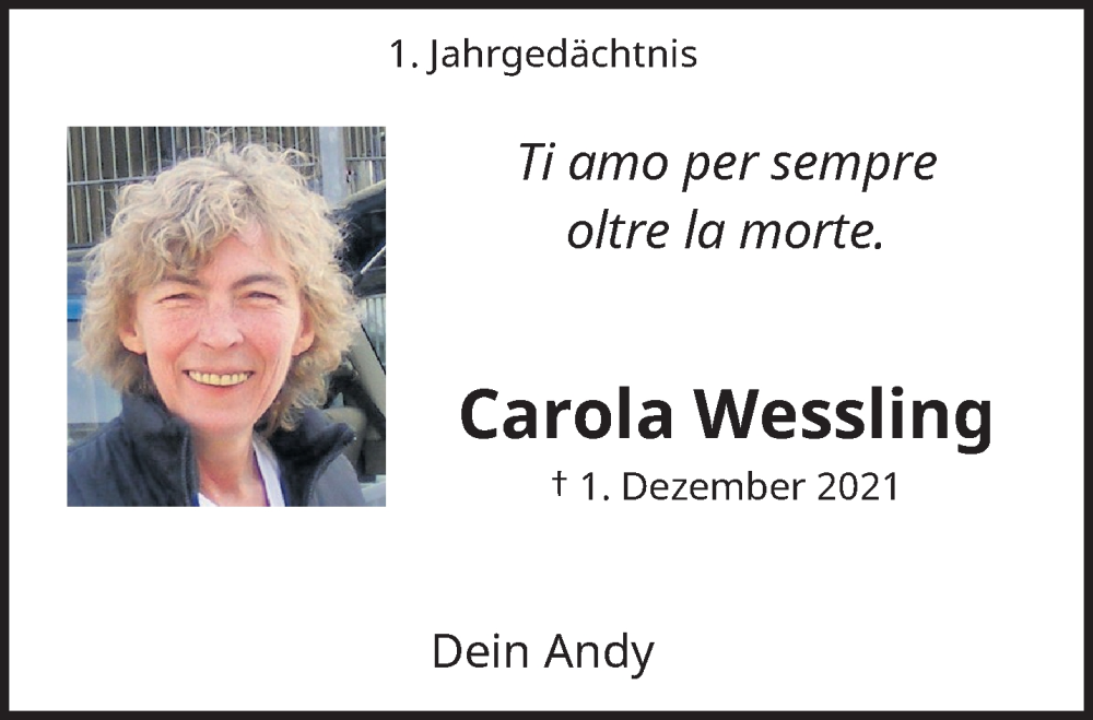  Traueranzeige für Carola Wessling vom 03.12.2022 aus trauer.wuppertaler-rundschau.de