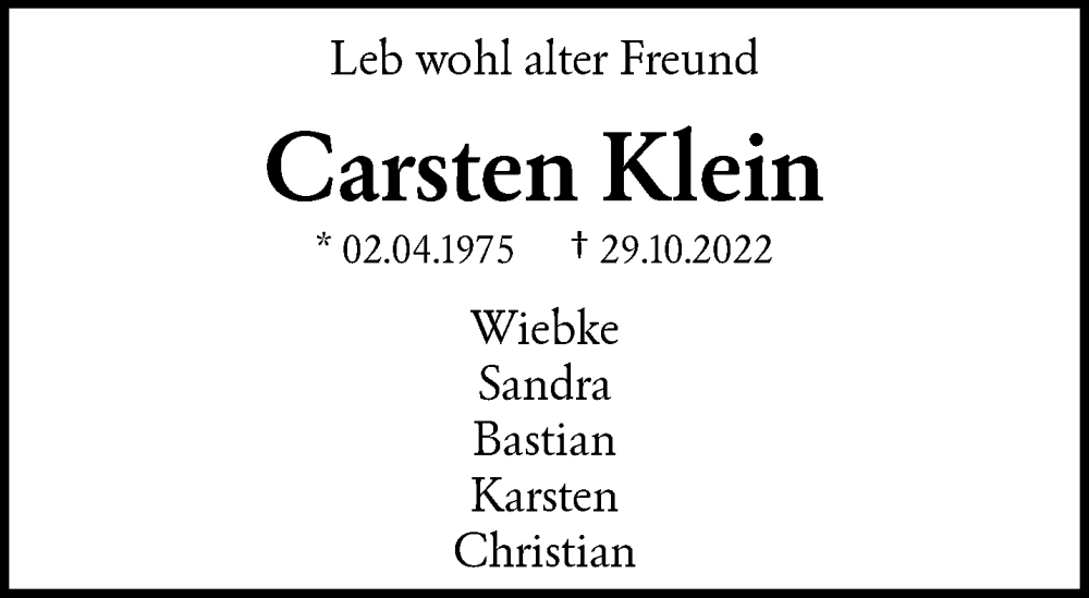  Traueranzeige für Carsten Klein vom 05.11.2022 aus trauer.wuppertaler-rundschau.de