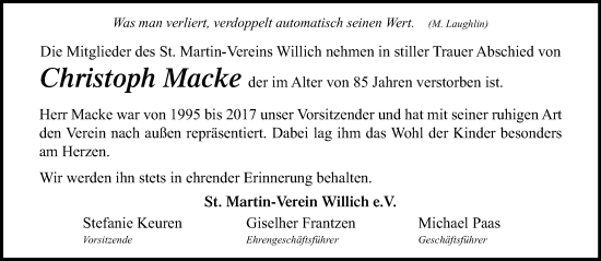 Traueranzeige von Christoph Macke von trauer.extra-tipp-moenchengladbach.de