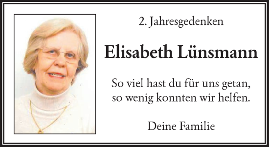 Traueranzeige von Elisabeth Lünsmann von trauer.wuppertaler-rundschau.de