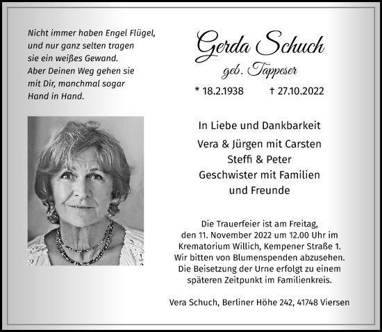 Traueranzeige von Gerda Schuch von trauer.extra-tipp-moenchengladbach.de