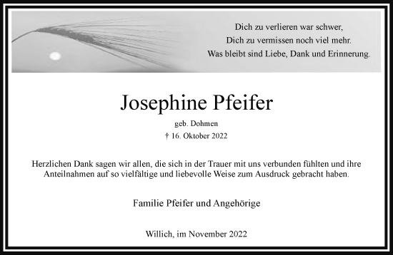 Traueranzeige von Josephine Pfeifer von trauer.extra-tipp-moenchengladbach.de