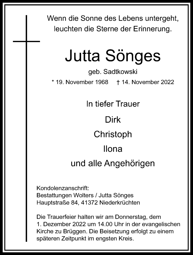  Traueranzeige für Jutta Sönges vom 27.11.2022 aus trauer.extra-tipp-moenchengladbach.de