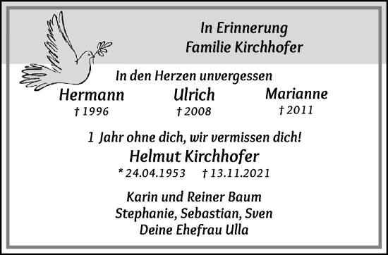 Traueranzeige von Unvergessen Kirchhofer von trauer.extra-tipp-moenchengladbach.de