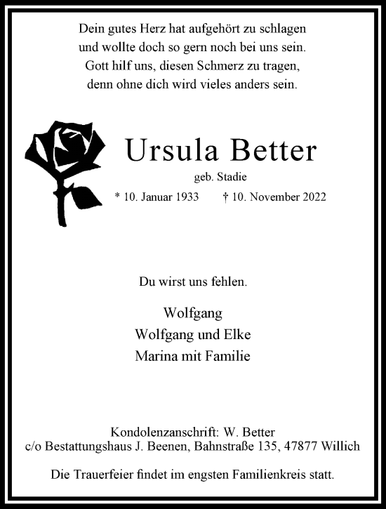 Traueranzeige von Ursula Better von trauer.extra-tipp-moenchengladbach.de