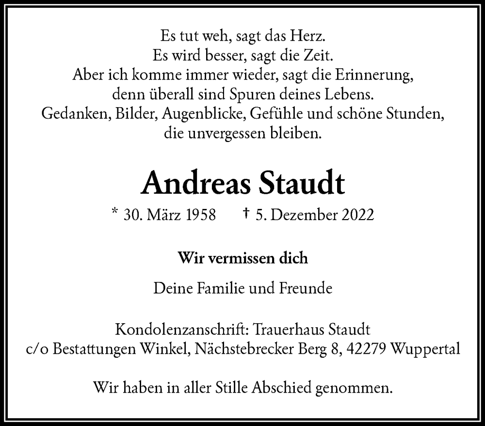  Traueranzeige für Andreas Staudt vom 10.12.2022 aus trauer.wuppertaler-rundschau.de