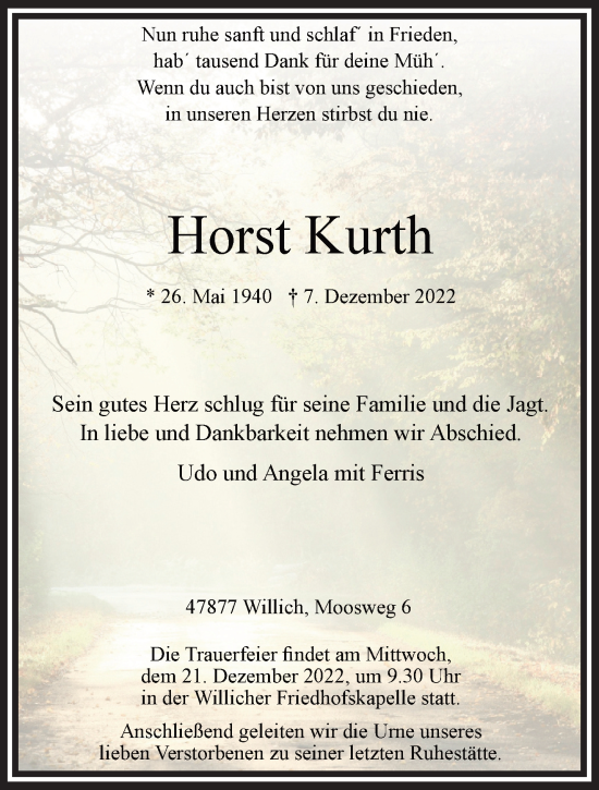 Traueranzeige von Horst Kurth von trauer.extra-tipp-moenchengladbach.de