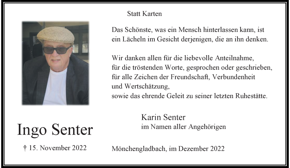  Traueranzeige für Ingo Senter vom 11.12.2022 aus trauer.extra-tipp-moenchengladbach.de