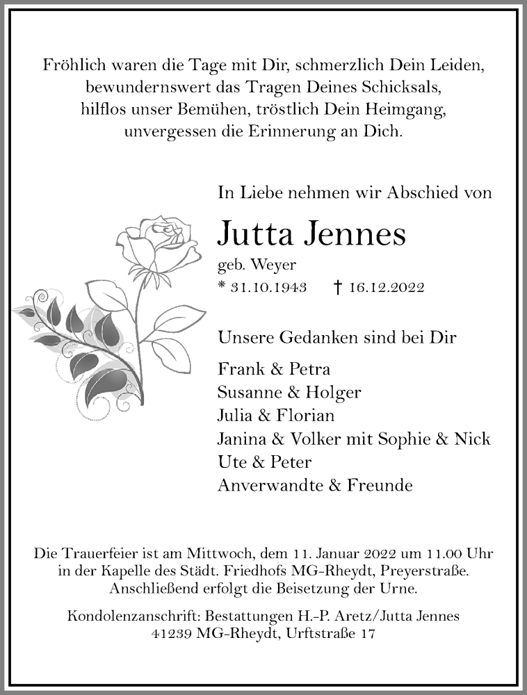  Traueranzeige für Jutta Jennes vom 25.12.2022 aus trauer.extra-tipp-moenchengladbach.de