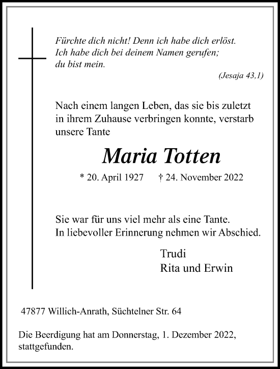 Traueranzeige von Maria Totten von trauer.extra-tipp-moenchengladbach.de