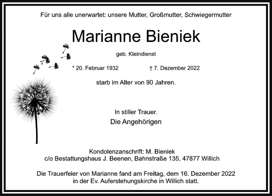 Traueranzeige von Marianne Bieniek von trauer.extra-tipp-moenchengladbach.de