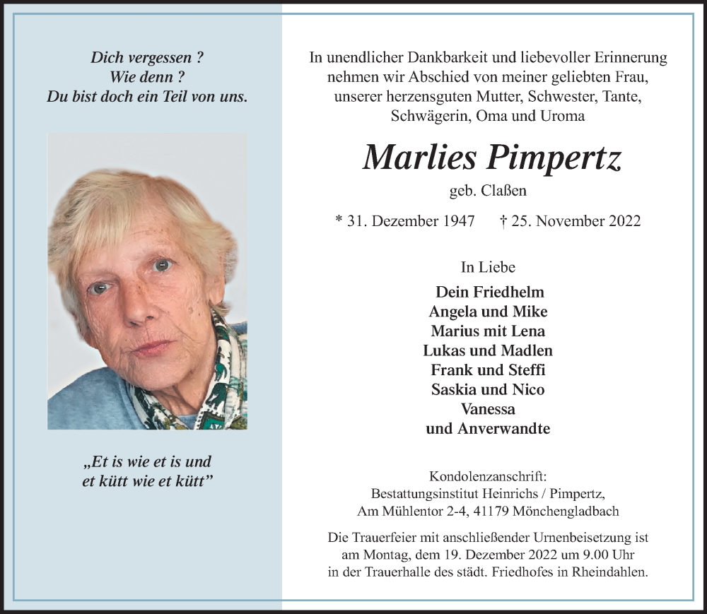  Traueranzeige für Marlies Pimpertz vom 11.12.2022 aus trauer.extra-tipp-moenchengladbach.de