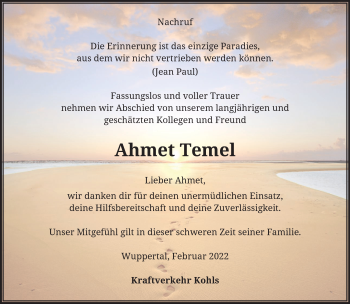 Traueranzeige von Ahmet Temel von trauer.wuppertaler-rundschau.de
