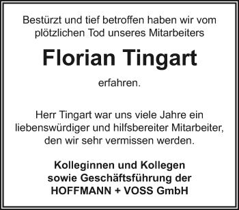 Traueranzeige von Florian Tingart von trauer.extra-tipp-moenchengladbach.de