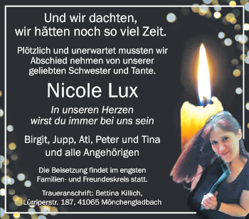 Traueranzeige von Nicole Lux von trauer.extra-tipp-moenchengladbach.de