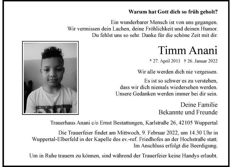  Traueranzeige für Timm Anani vom 05.02.2022 aus trauer.wuppertaler-rundschau.de