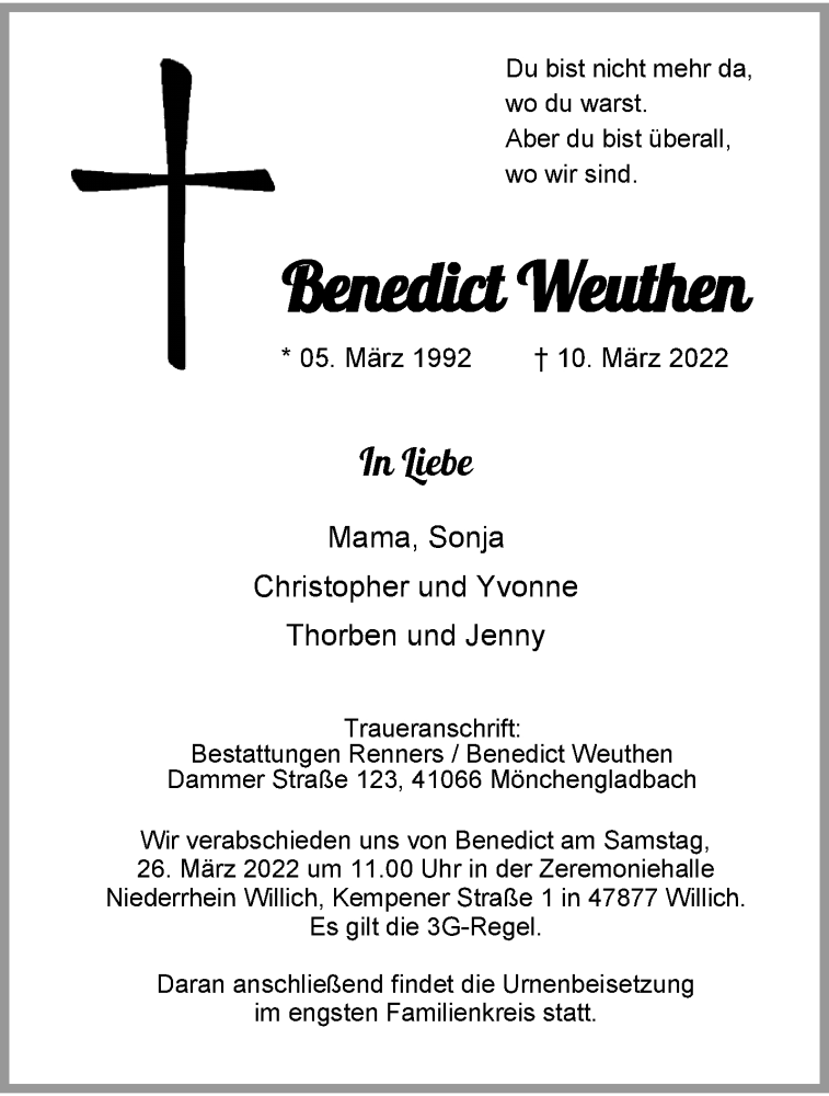  Traueranzeige für Benedict Weuthen vom 20.03.2022 aus trauer.extra-tipp-moenchengladbach.de