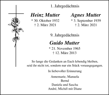 Traueranzeige von Heinz Agnes und Guido Mutter von trauer.extra-tipp-moenchengladbach.de