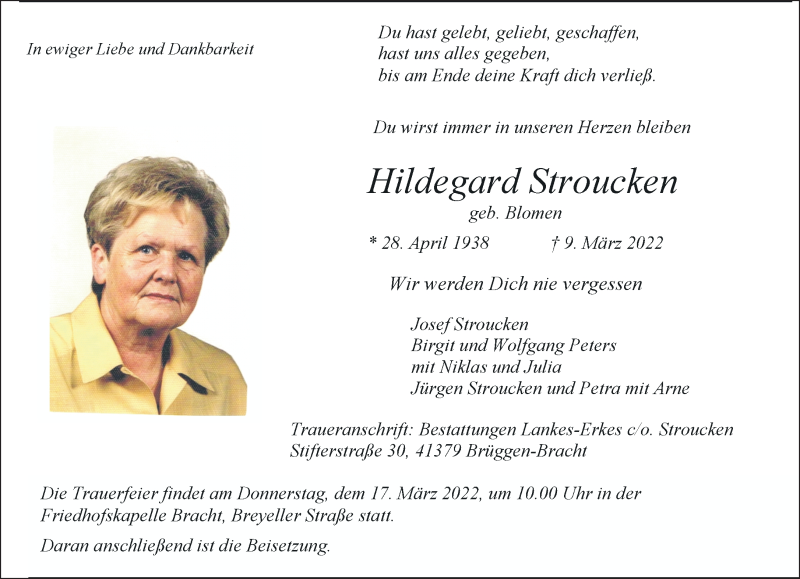  Traueranzeige für Hildegard Stroucken vom 13.03.2022 aus trauer.extra-tipp-moenchengladbach.de
