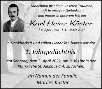 Traueranzeige von Karl Heinz Küster von trauer.stadt-kurier.de
