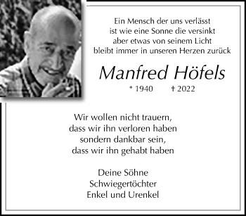 Traueranzeige von Manfred Höfels von trauer.extra-tipp-moenchengladbach.de