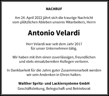 Traueranzeige von Antonio Velardi von trauer.wuppertaler-rundschau.de