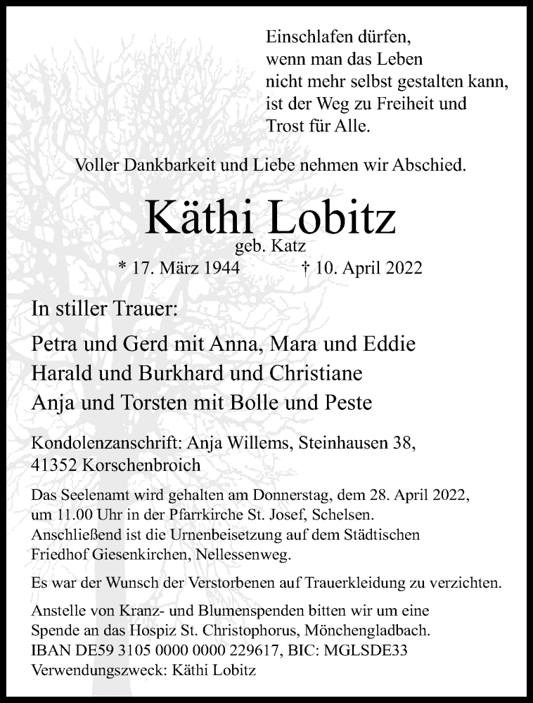  Traueranzeige für Käthi Lobitz vom 24.04.2022 aus trauer.extra-tipp-moenchengladbach.de
