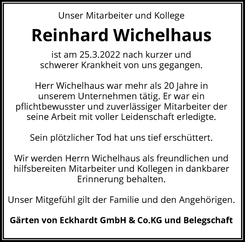  Traueranzeige für Reinhard Wichelhaus vom 02.04.2022 aus trauer.wuppertaler-rundschau.de