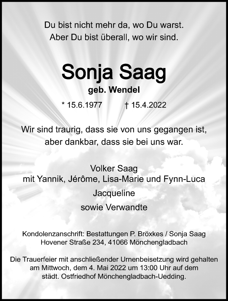  Traueranzeige für Sonja Saag vom 24.04.2022 aus trauer.extra-tipp-moenchengladbach.de