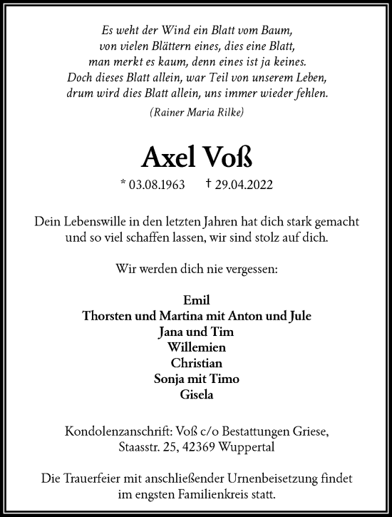 Traueranzeige von Axel Voß von trauer.wuppertaler-rundschau.de
