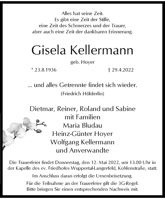 Traueranzeige von Gisela Kellermann von trauer.wuppertaler-rundschau.de