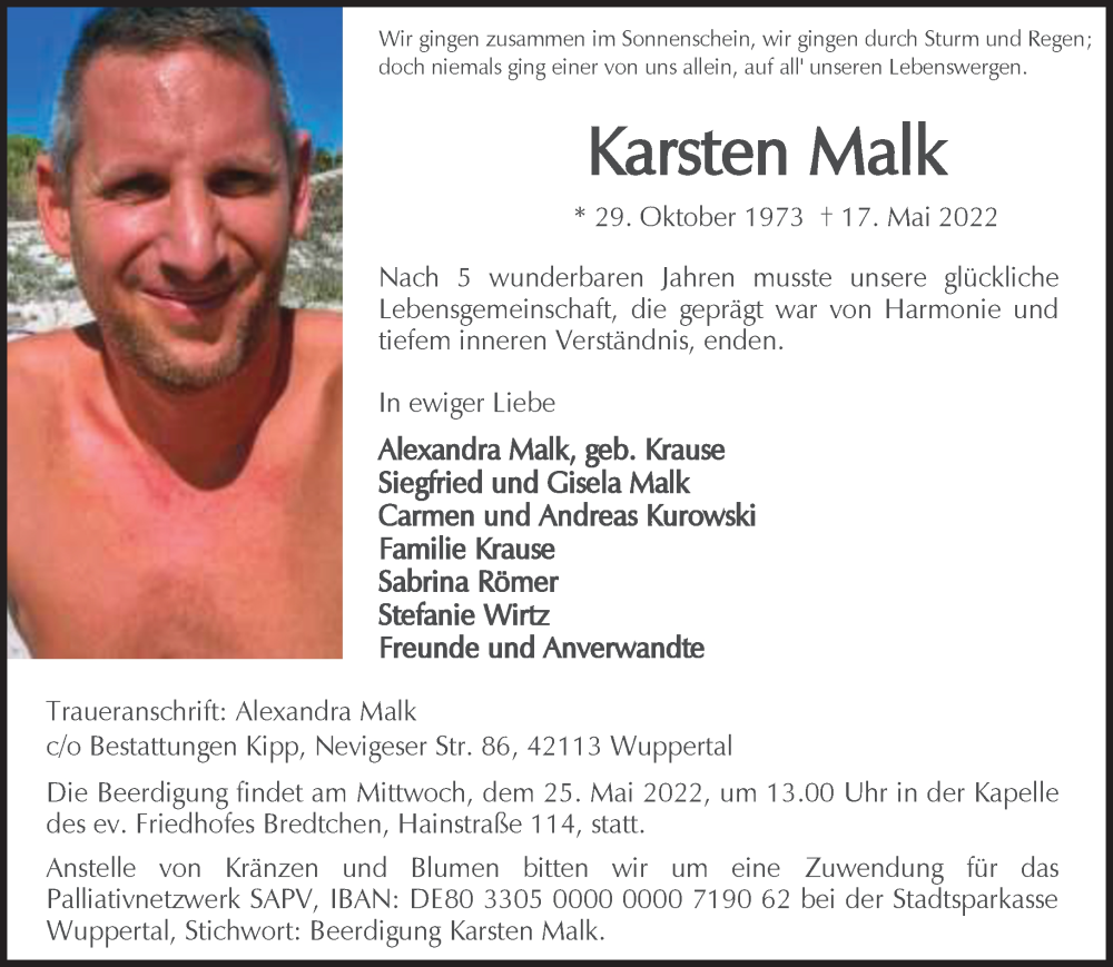  Traueranzeige für Karsten Malk vom 21.05.2022 aus trauer.wuppertaler-rundschau.de