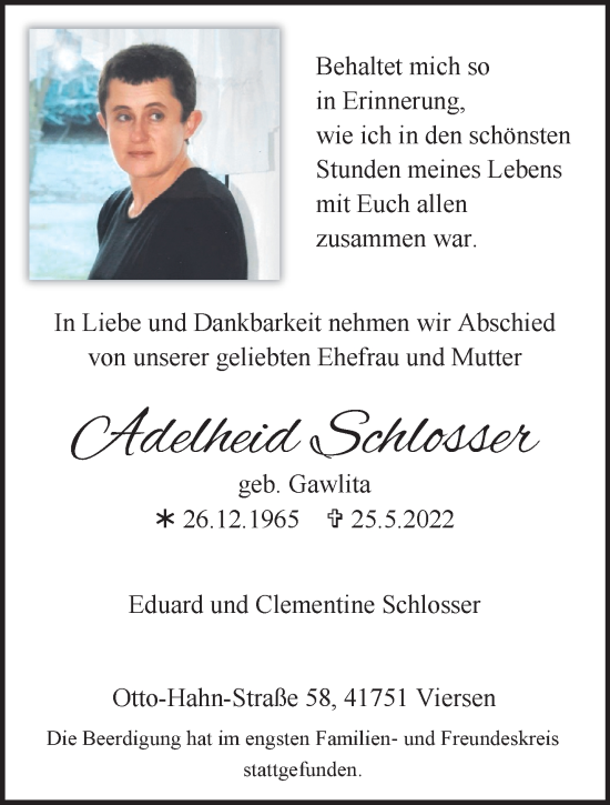 Traueranzeige von Adelheid Schlosser von trauer.extra-tipp-moenchengladbach.de