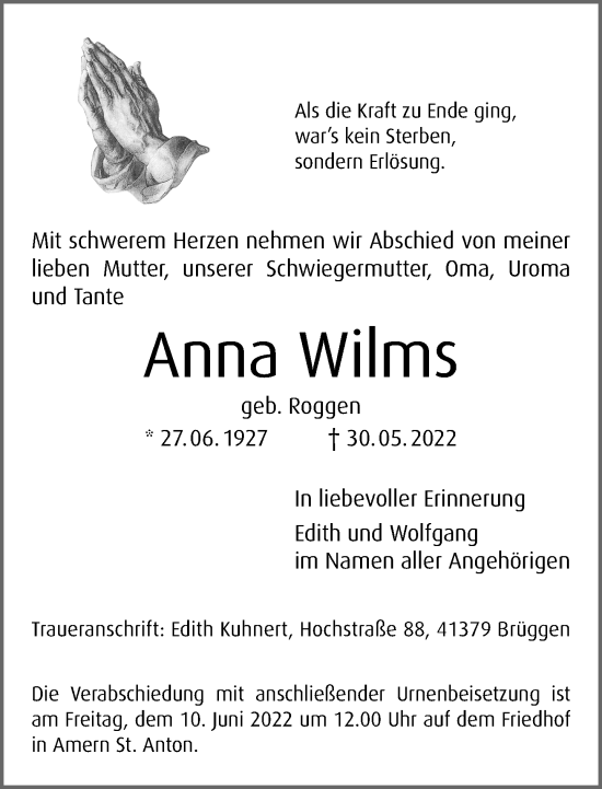 Traueranzeige von Anna Wilms von trauer.extra-tipp-moenchengladbach.de