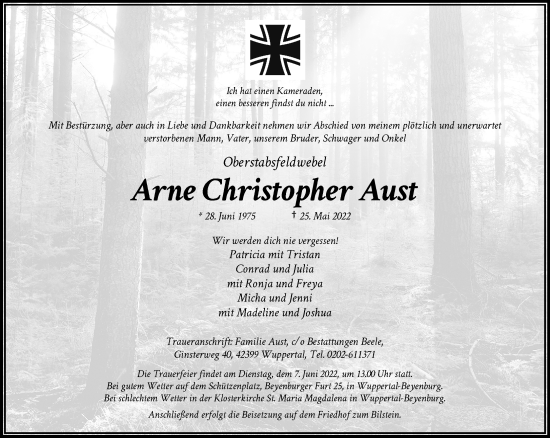 Traueranzeige von Arne Christopher Aust von trauer.wuppertaler-rundschau.de