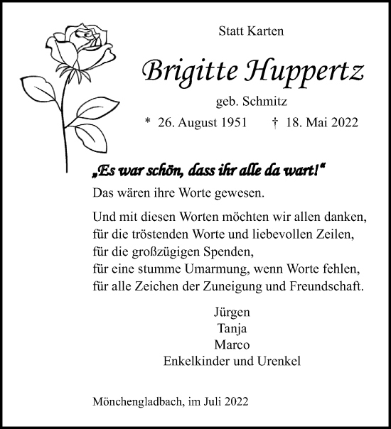 Traueranzeige von Brigitte Huppertz von trauer.extra-tipp-moenchengladbach.de