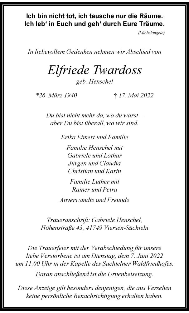  Traueranzeige für Elfriede Twardoss vom 05.06.2022 aus trauer.extra-tipp-moenchengladbach.de