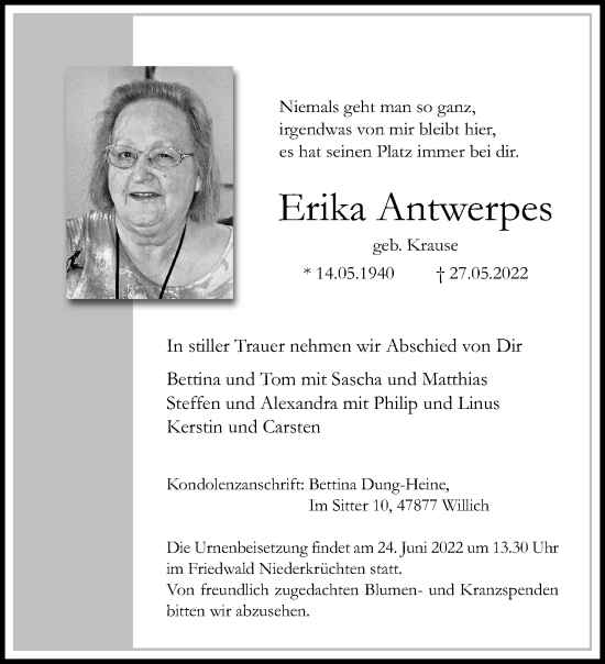 Traueranzeige von Erika Antwerpes von trauer.extra-tipp-moenchengladbach.de