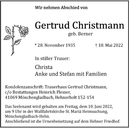 Traueranzeige von Gertrud Christmann von trauer.extra-tipp-moenchengladbach.de