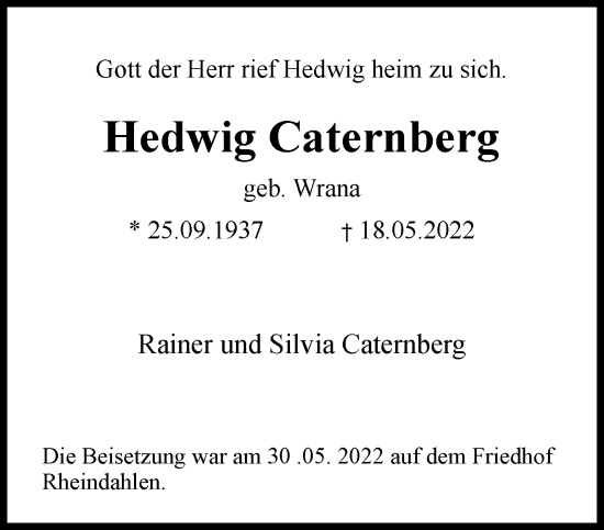 Traueranzeige von Hedwig Caternberg von trauer.extra-tipp-moenchengladbach.de