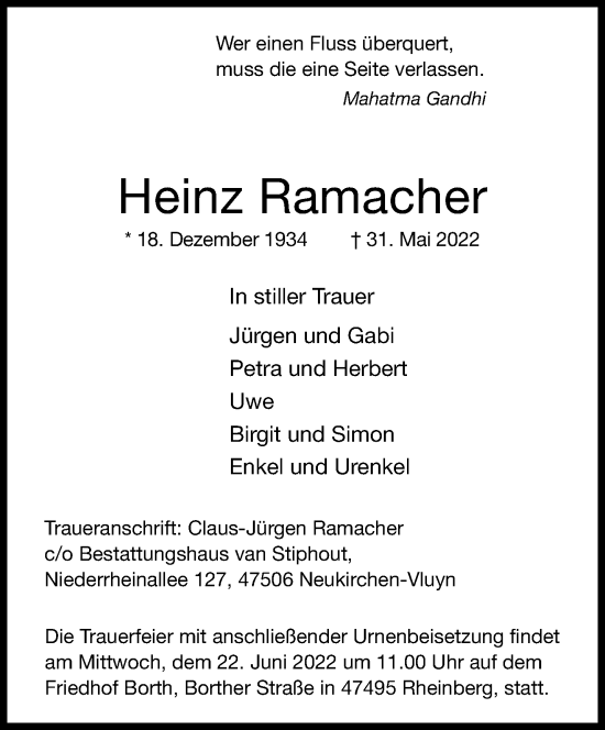Traueranzeige von Heinz Ramacher von trauer.mein.krefeld.de